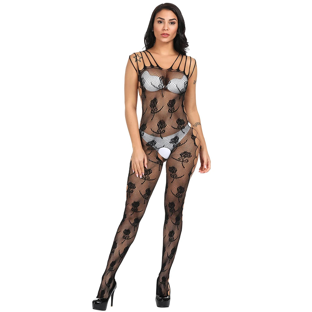 Sexy Halter Straps Bodystocking for Chubby Women Plus Size Body Stockings Hot Floral Stockings Full Body Mature Sheer