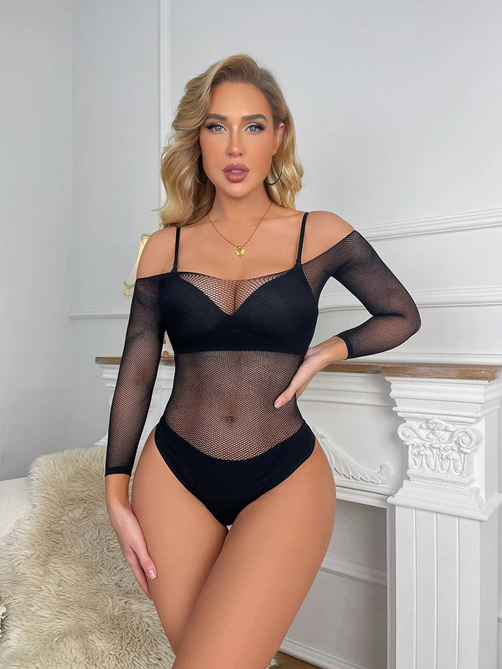 2024 Hot Transparent Costumes High Fashion Designer Mature Sheer Long Sleeve Lingerie Femme Sexy for Chubby Women