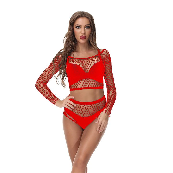 Hot Sales Women's Sexy Baby Doll Wholesale Nylon Hollow Out Body Stocking Lingerie 2pcs Set Sheer Mesh Bodysuit 2024