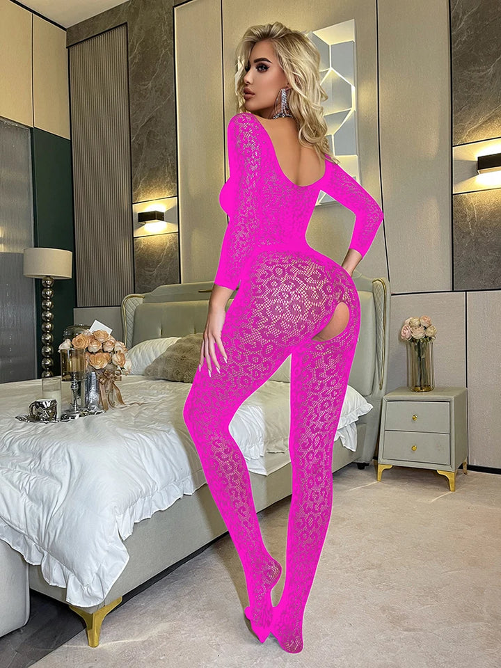 NEW Leopard Single Sleeve Bodystocking Women Doll Mesh Erotic Lingerie Stockings Full Body Enceria Sexy Long Sleeve Bodysuit
