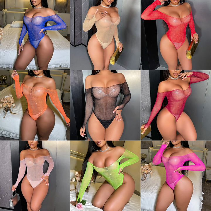 New Candy Color Girls Bodystocking Shiny Rhinestone Babydoll Mature See Through Lingerie Femme Sexy Performance Outfit