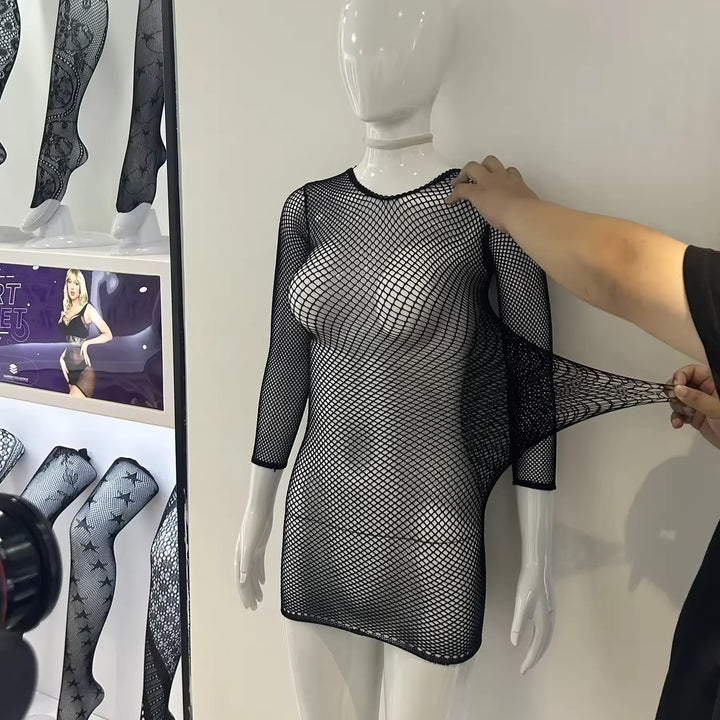 Small Weft Fishnet Jumpsuit Strippers Outfit Women Sexy Body Stocking Lingerie Dress Bikini Mesh Costumes Outfit Tops