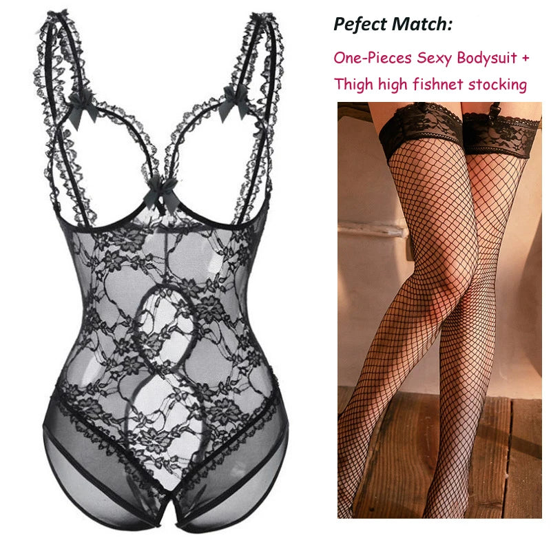 Plus Size Lingerie Sexy Bodysuit for Women Sexy One-Piece Fishnet Teddy Valentine's Day Teddy Bodysuit Lace Babydoll