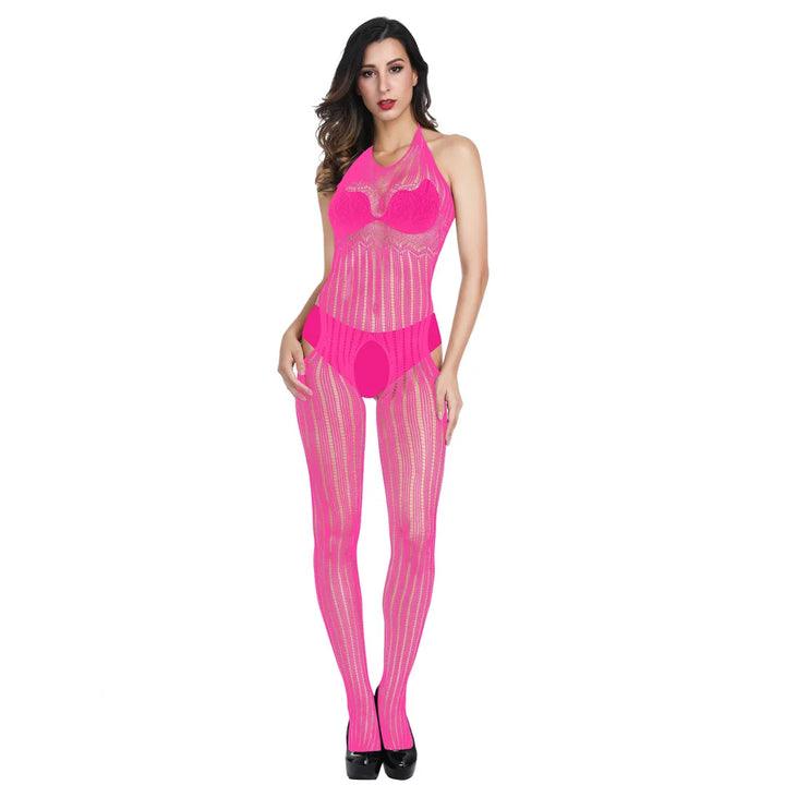 Sexy Halter Full Body Stocking Lingerie Femme Sexy Black Lace Cutout Transparent Bodystocking Open Crotch Stockings