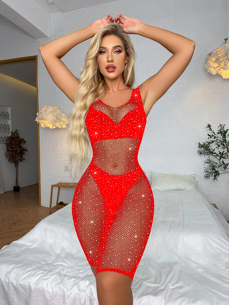 Crystal Rhinestone Stocking Women's Clothing Sexy Fishnet Pantyhose Lingerie Stockings Femme Sexy Crotchless Bodycon