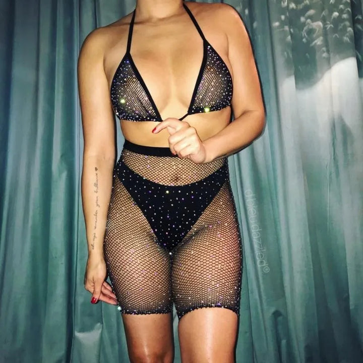Mesh Body Stocking Halter Rhinestone Sparkle Bra Top Bikini High Waist Shorts Set Nightwear Fishnet Babydoll Chemise