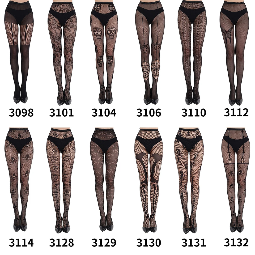 Women Net Tights Hollow Pantyhose Ladies Spiderweb Skull Leopard Mesh Fishnet High Stockings for Halloween Party Dress up