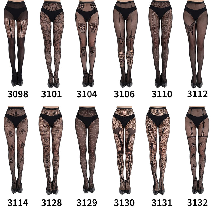 Women Net Tights Hollow Pantyhose Ladies Spiderweb Skull Leopard Mesh Fishnet High Stockings for Halloween Party Dress up