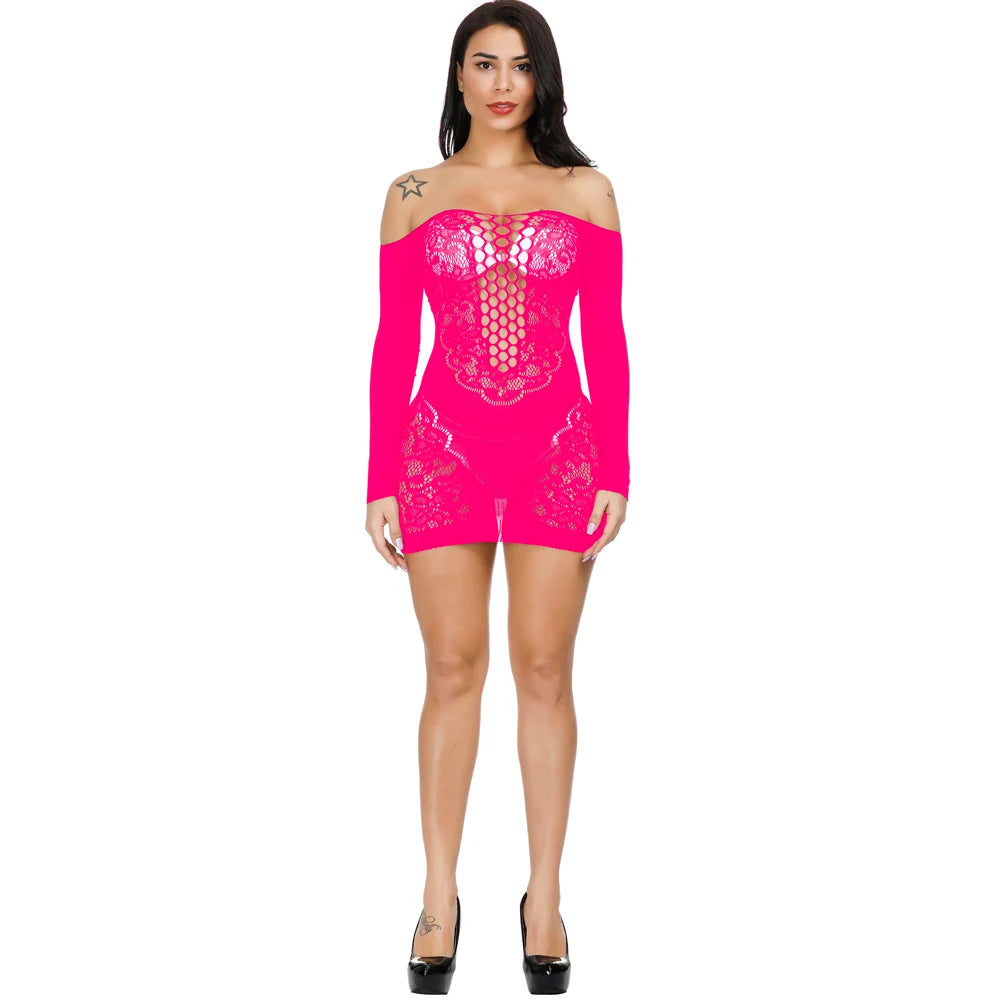 Plus Size Women Sexy Shiny Tights Jumpsuit Lace Cutout Transparent Body Stocking Lingerie Dress Femme Sexy Babydoll