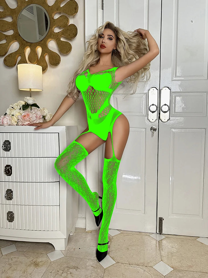Fishnets Leopard Women's Sexy Erotic Lingerie Crotchless Body Stocking Women's Sexy Flirtation Bodystocking Suspender