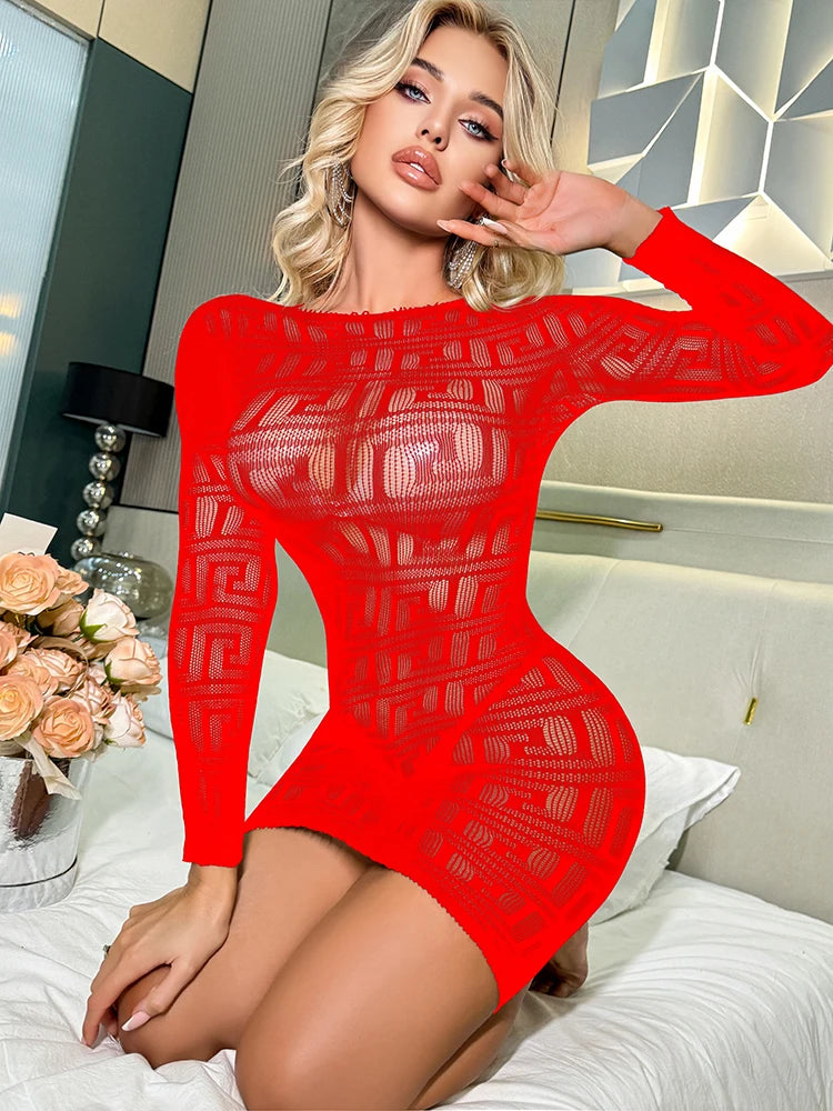 Sexy Body Stocking Dress Lace Transparent Bodysuit for Women Bodycon Jumpsuits Hollow Out  Lingerie