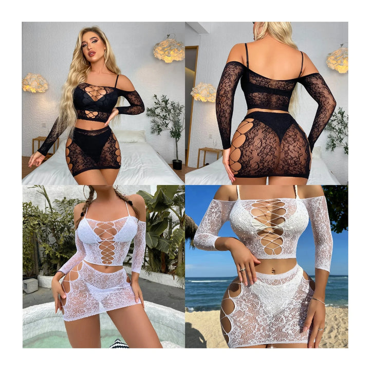 Custom Women Sexy Fishnet Lingerie 2pcs Set Ins Fashion Off Shoulder Sexy Body Doll  Floral Rhinestone Body Stocking