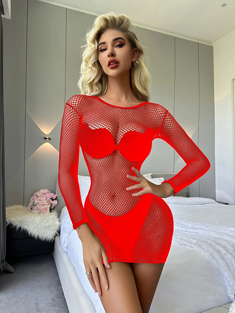 Sexy Mini Fishnes Nets Lingerie Dress Womens Sexy Backless Bodysuit With Mesh Sleeve Glove Women Clothing Bodystocking