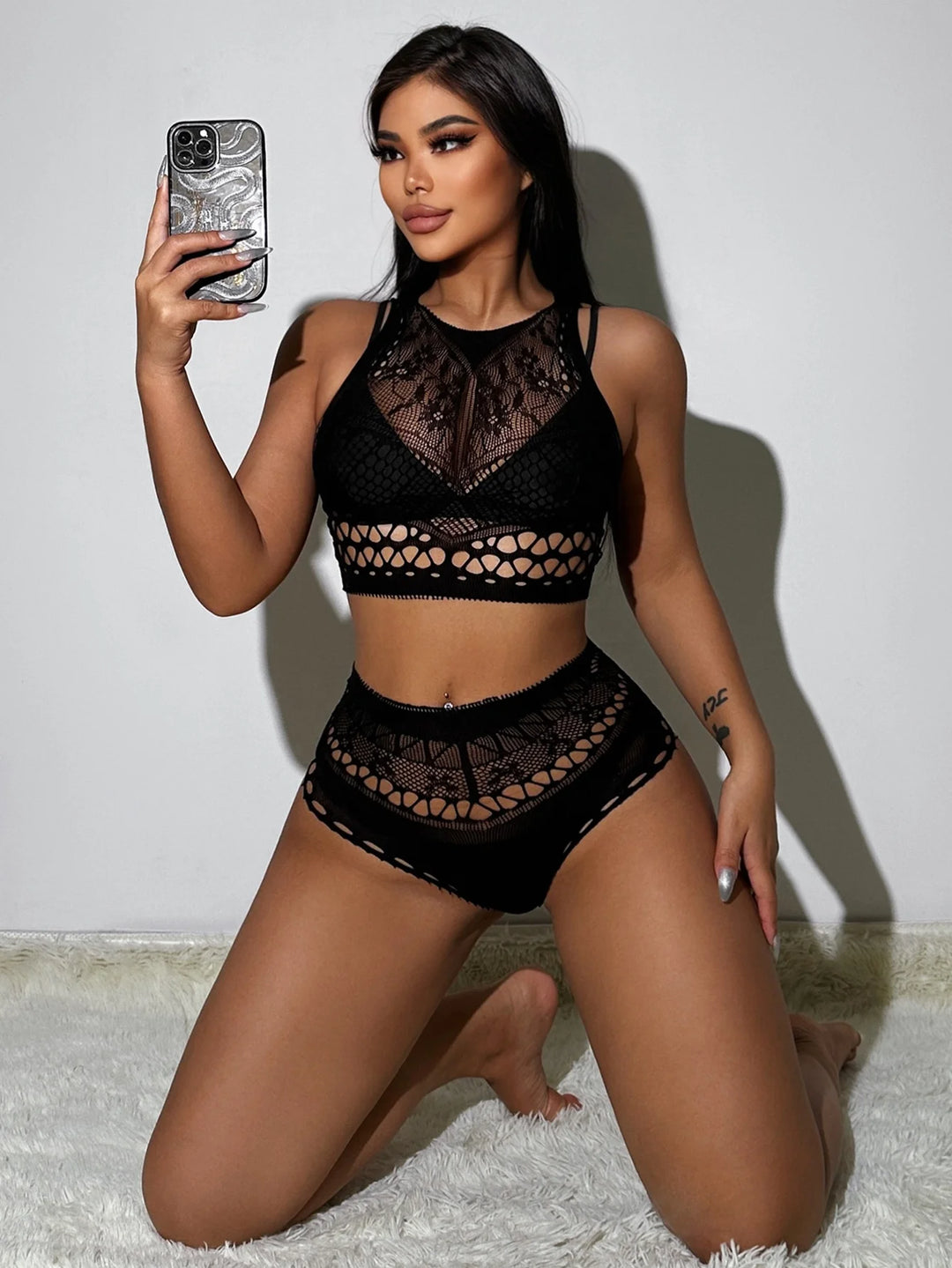 2024Vintage Sexy Baby Dolls Teddy Dress Women Sexy Mesh Erotic Lingerie 2pc Set Nightclub Sexy Floral Opaque Bodysuit