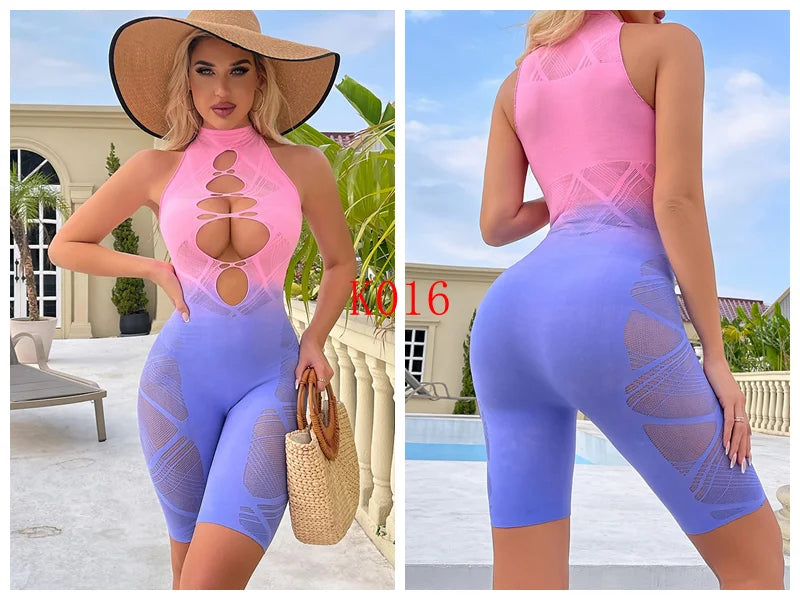 2025 New Colorful Gradient Two-Color Stretchy  Fishnet Body Stocking Plus Size Sexy Lingerie Bodycon Evening Dress