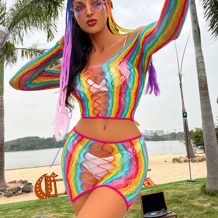Rave Rainbow Color Body Stocking Lingerie 2pc 2024 Femme Sexy Fishnet Bodystocking Nylon Colorful Stockings Full Body