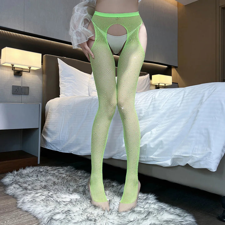 Rhinestone Gem Pantyhose Tights Women Sexy Open Crotch Stockings Mesh Thin High Tights Sexy Erotic Lingerie Stockings