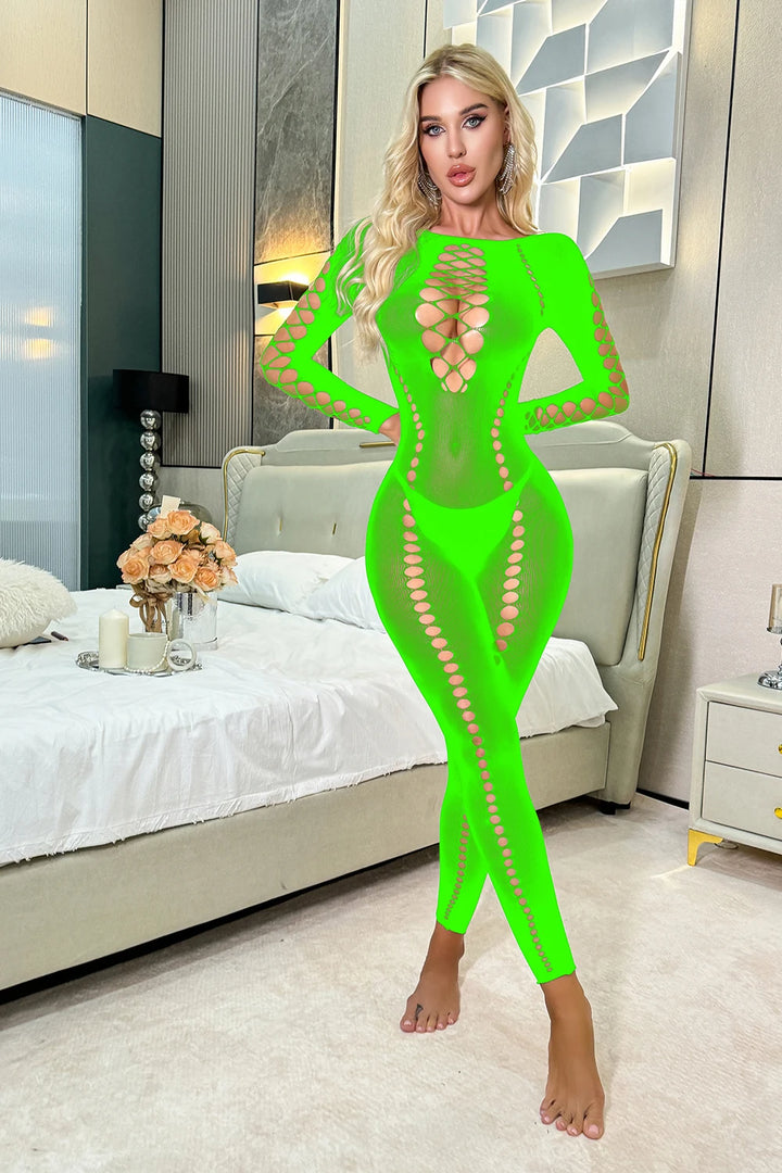 Long Sleeve Body Stocking  Women Fishnets Jumpsuit Off Shoulder Transparent Sexy Lingerie Hollow Out Chest K038