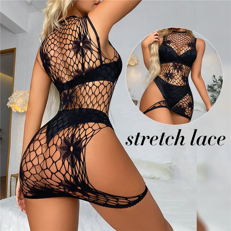 Hollow Out Women Sexy Mesh Lingerie Dress Sexy Black Jacquard Bodysuit Women Sexy Fishnet Stockings