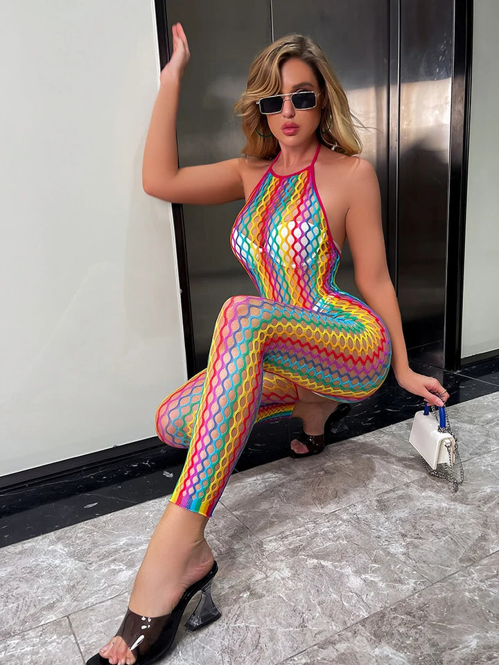 2023 Fish Net Hollow Out Colorful Fishnet Bodystocking Bodysuit Ladies Slim Dresses Long Sleeve Tights Bodysuit Lingerie