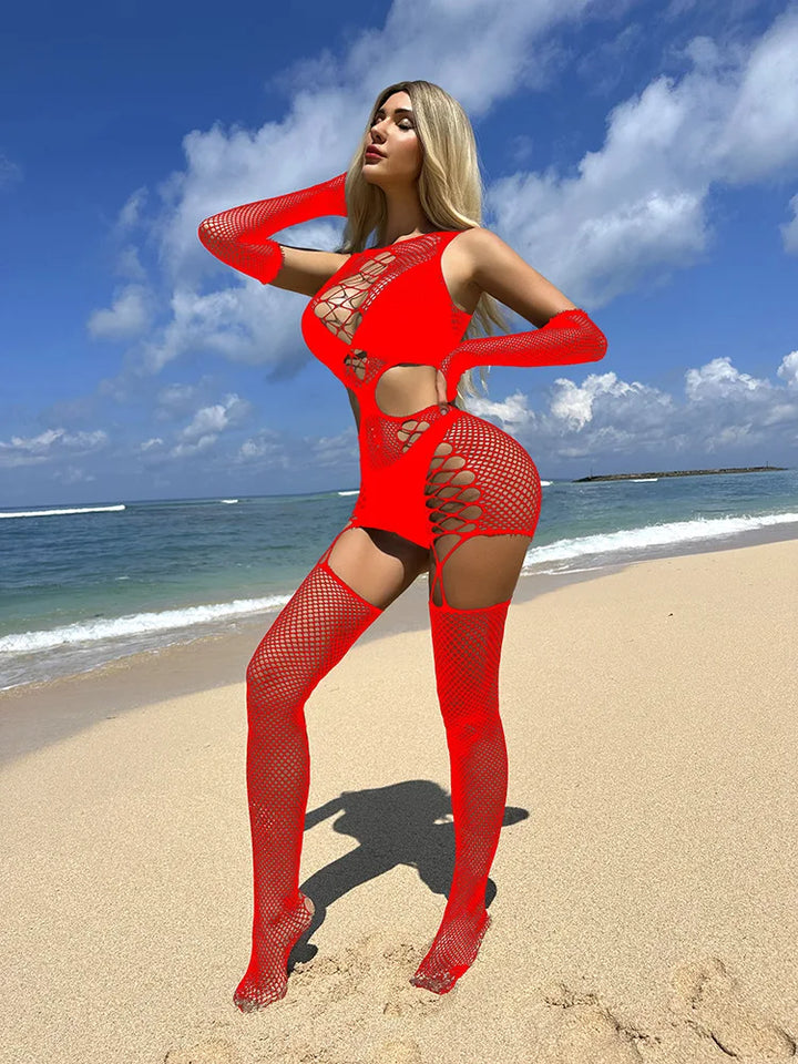 Women Sexy Revealing Lace Fishnet Bodystocking Lingerie Crotchless Fishnets Pantyhose Adult Sexy Underwear with Cuff