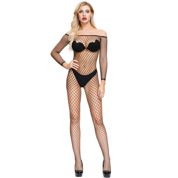 Sexy Transparent Fishnets Crotchless Body Stocking Women Sexy Mesh Bodysuit Solid Medium Holes Bodystocking Lingerie