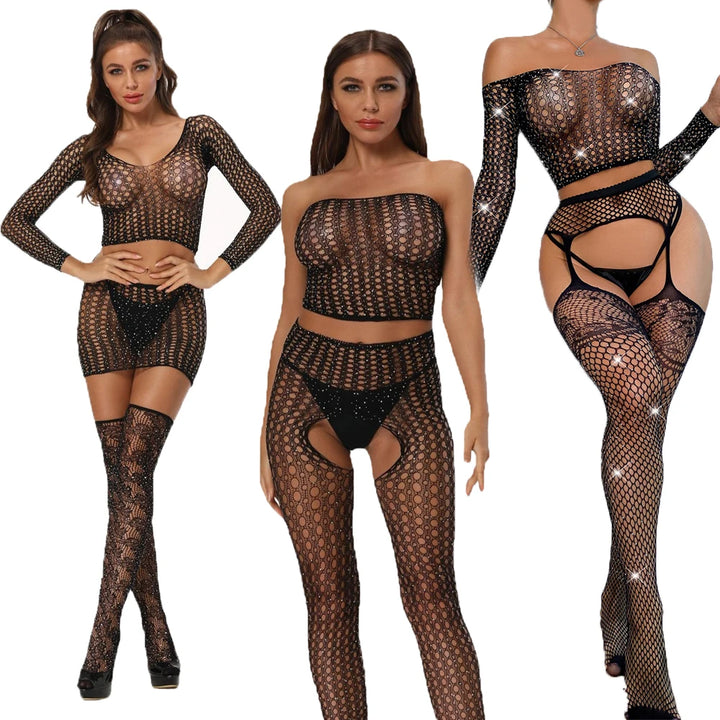 Designed Fishnet Hollow Out Rhinestone Bodystocking Women Mature Diamond Lingerie 2 Pcs Set Teddy  Cover up Dress