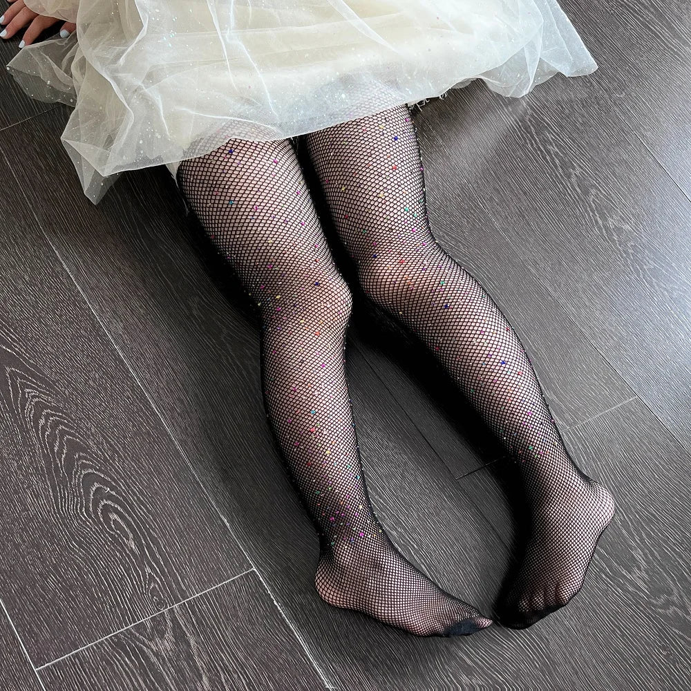 Crystal Rhinestone Fishnet Stockings for Baby Little Girls Shiny Colorful Diamond Gem Pantyhose Candy Color Tights