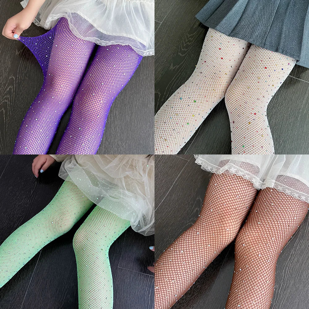 Wholesale Children's Socks Fashion Tights for Children Hollow Out Candy Color Hot Design Drill Girls Mesh Stockings for Festival