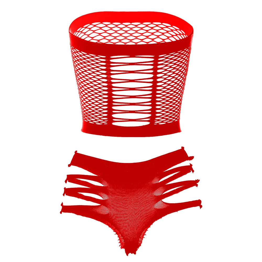 Two Piece Lingerie Underwear Bodysuit Set Women Clothing Sexy Fishnet Bodystocking Exotic Dancewear