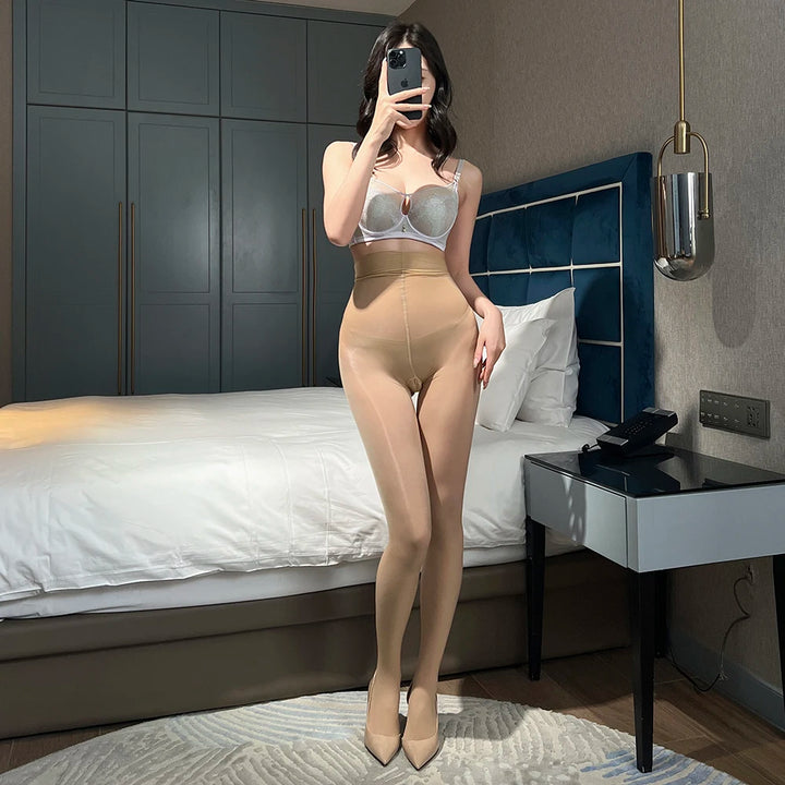 Sexy Oil Glossy Silk Stockings Full Body Fishnet Pantyhose Women Sexy Crotchless Erotic Lingerie Femme Sexy Stockings