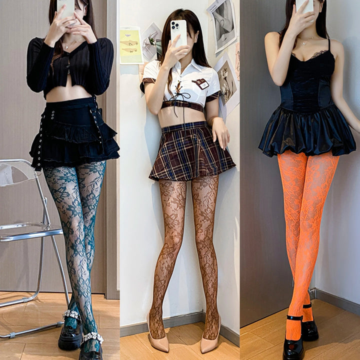 Punk Style Medias De Rejilla Women's Club Party Pantyhose/Tights Candy Color Floral Fishnet Stockings Collant Femme