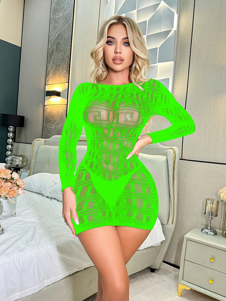 Sexy Body Stocking Dress Lace Transparent Bodysuit for Women Bodycon Jumpsuits Hollow Out  Lingerie