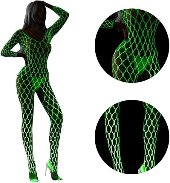Luminous Fishnet Stockings Full Body Stocking Lingerie Dress Glow in the Dark Bodysuit Jumpsuit Night Party Dancewear
