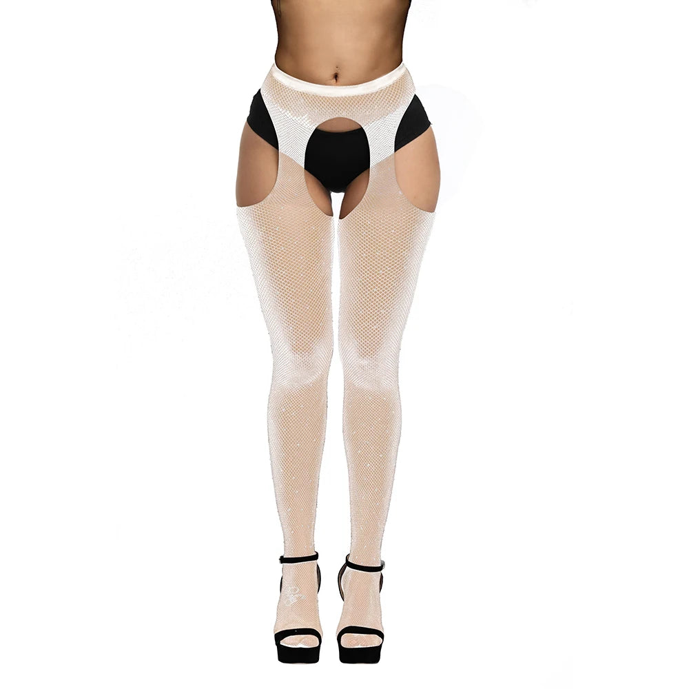 Crystal Rhinestone Bling Stockings Women Sexy Mesh Lingerie Underwear Open Crotch Sexy Erotic Tights Stockings 2023