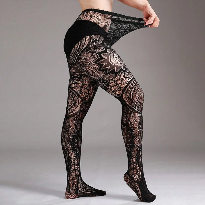 Women's Thin Jacquard Stockings Hollow Abstract Pattern Fishnet Pantyhose Tights Plus Size Transparent Knitted Hosiery