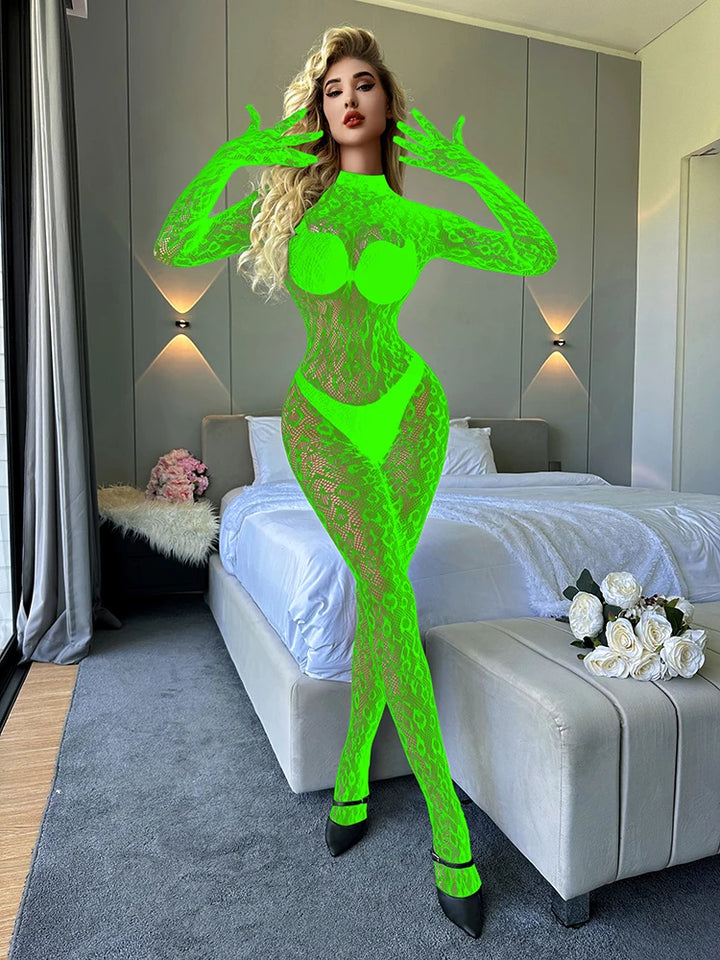 Wholesale New Leopard  Sexy Fishnet Bodystocking  Long Sleeve Bodysuit With Backless Design See Through One Piece Jumpsuit Women