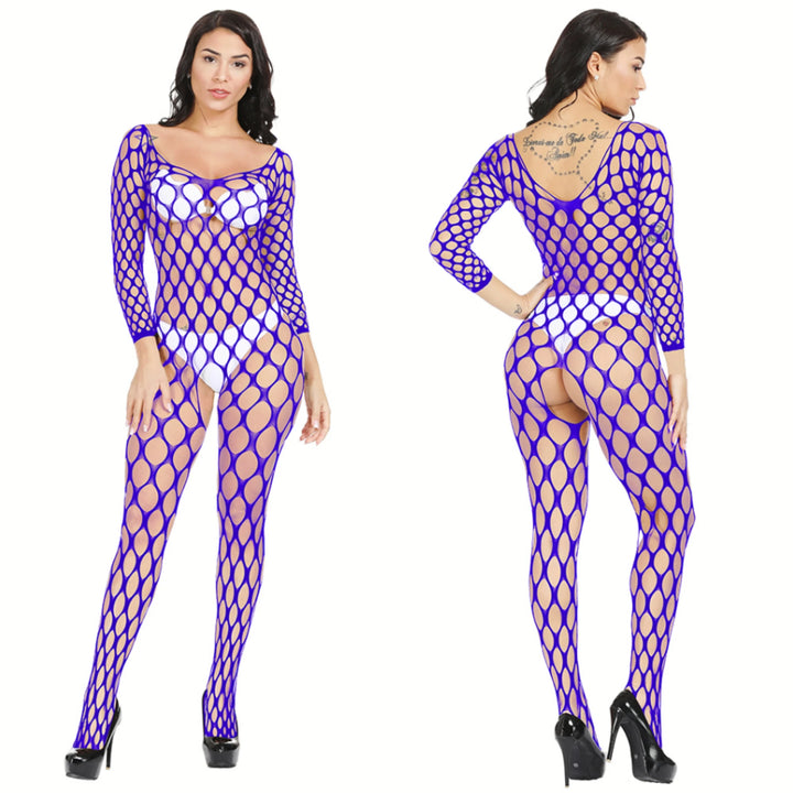 Popular Women's Sexy Long Sleeve Mesh Sheer Bodysuit Fishnets Nylon Stockings Full Body Women's Erotic Black Bodysuit