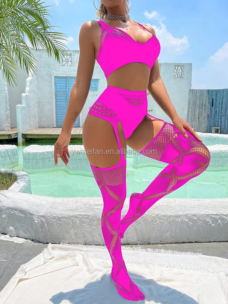 2pcs Sets Fishnets Bodystocking Sexy Cutout Tops/Tights Bodysuit Geometric Fishnets Bodysuit Sexy Suspender Pantyhose