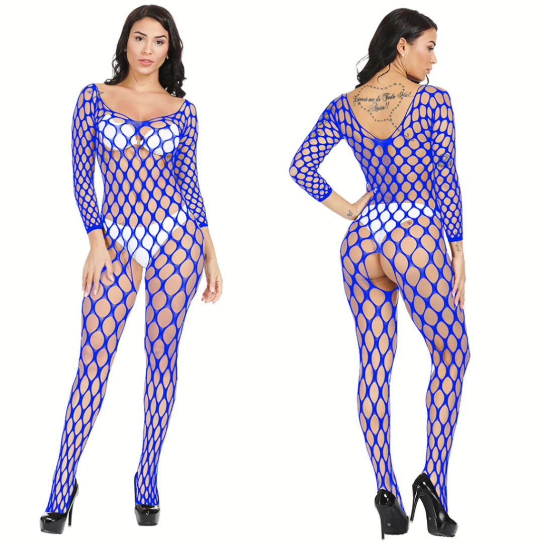 Popular Women's Sexy Long Sleeve Mesh Sheer Bodysuit Fishnets Nylon Stockings Full Body Women's Erotic Black Bodysuit