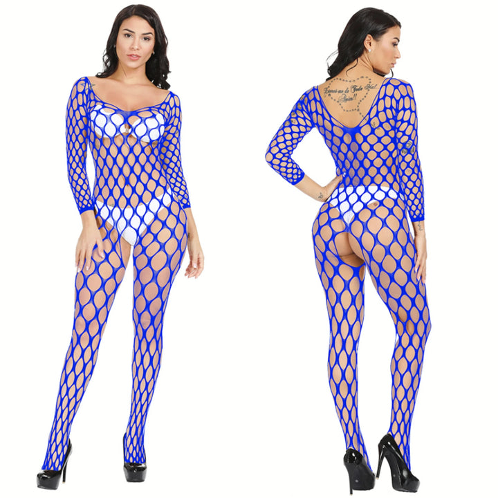 Popular Women's Sexy Long Sleeve Mesh Sheer Bodysuit Fishnets Nylon Stockings Full Body Women's Erotic Black Bodysuit