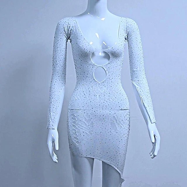 2025 Spring Summer New Sexy One-word Neck Off-shoulder Diamond Shinny Hollow Out Women's Mini Party Dresses for Club Night Out