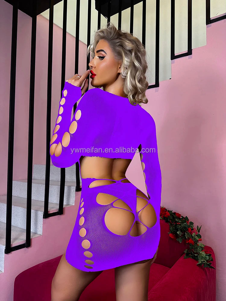 Hollow Out Bodystockings Teddy Mesh Lingerie Dress Sexy Fishnet Bodystocking Cross-Neck Sheer Bodysuit Sexy Crotchless