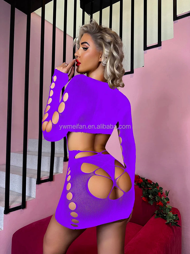 Hollow Out Bodystockings Teddy Mesh Lingerie Dress Sexy Fishnet Bodystocking Cross-Neck Sheer Bodysuit Sexy Crotchless
