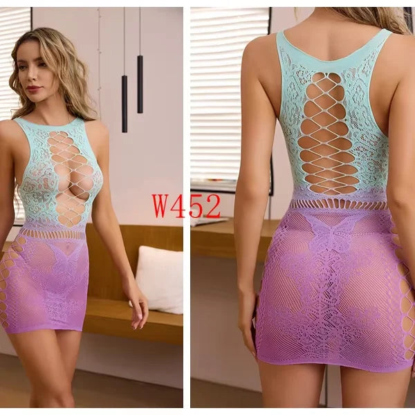 2025 New Colorful Gradient Two-Color Stretchy  Fishnet Body Stocking Plus Size Sexy Lingerie Bodycon Evening Dress