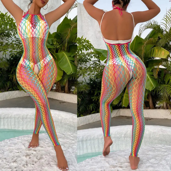 Lingerie Manufacturer  Rainbow Fishnet Women's Underwear Wholesale Bodysuits Exotic Costumes Bodystocking Transparent