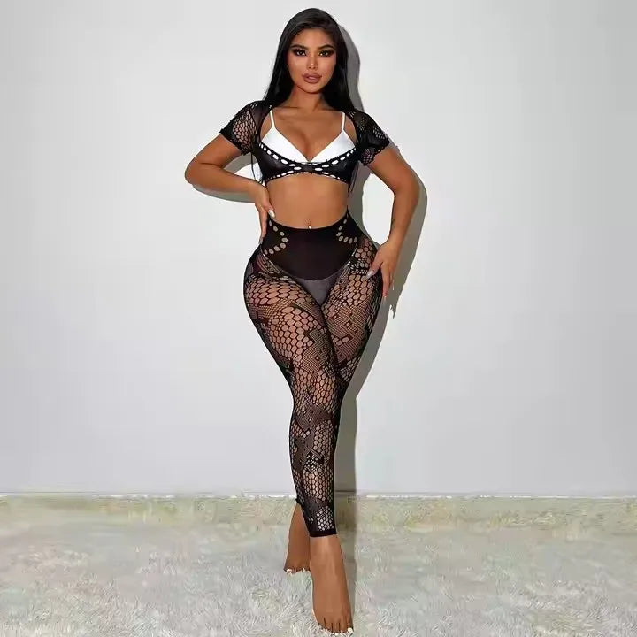 Sexy Mesh One Piece Bodysuit Erotic Crotchless Lingerie See Through Footless Jumpsuit Fishnet Body Stocking Lace Babydoll