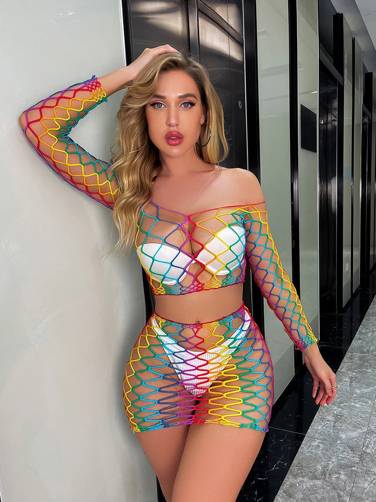 2023 Hot Rainbow Color Bodystocking Women Sexy Lingerie Fishnets Summer Vacation Outfit Hollow Sheer Stockings