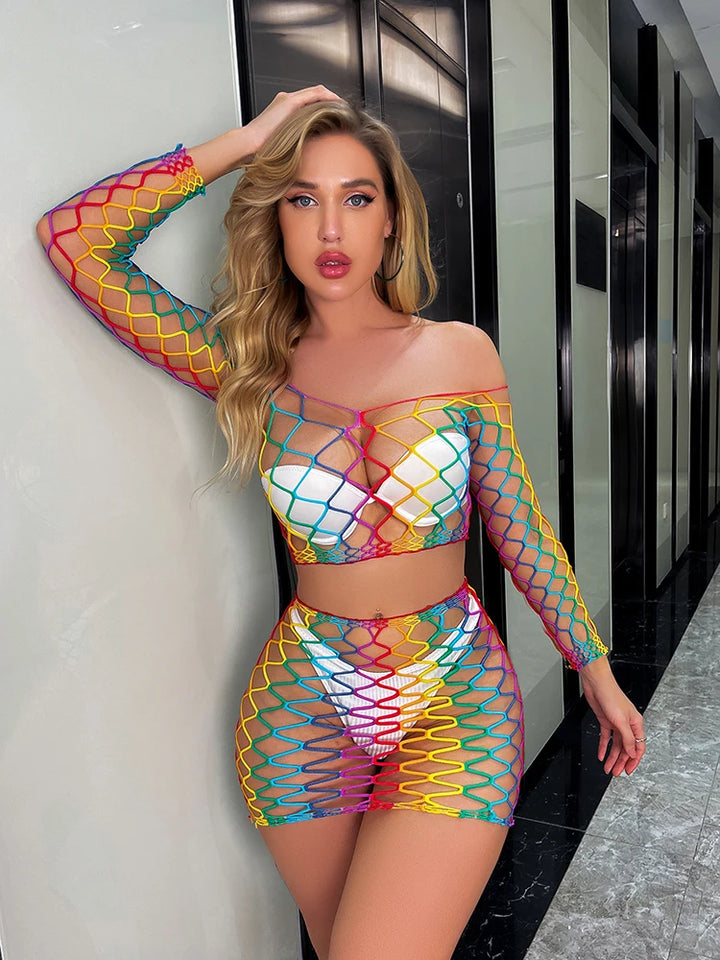 2023 Hot Rainbow Color Bodystocking Women Sexy Lingerie Fishnets Summer Vacation Outfit Hollow Sheer Stockings