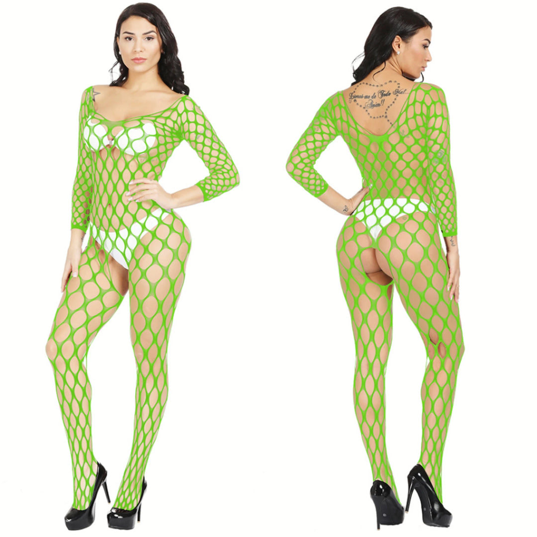 Popular Women's Sexy Long Sleeve Mesh Sheer Bodysuit Fishnets Nylon Stockings Full Body Women's Erotic Black Bodysuit